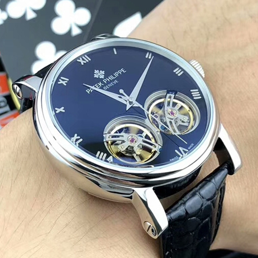 百達翡麗 Patek Philippe 簡約錶盤雙飛輪 士鋼帶真牛皮錶帶腕錶