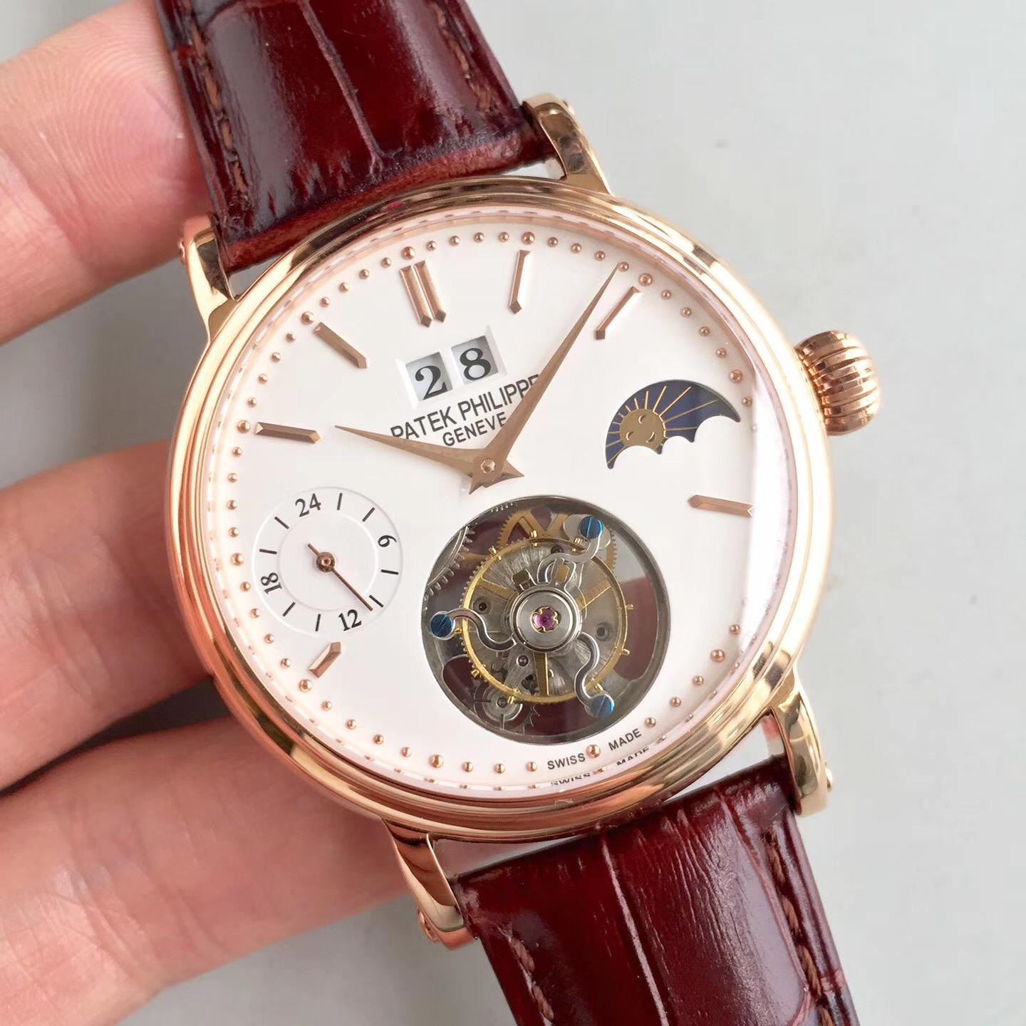 Patek Philippe 復刻百達翡麗 月相星辰頂級手動同軸陀飛輪 搭載手動同軸陀飛輪機芯，雕花透底