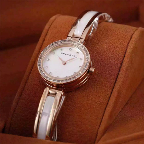 寶格麗Bvlgari鋼間陶瓷鑲鑽女士腕錶金黃色、白色鑲鑽不鏽鋼錶殼黑白色錶盤