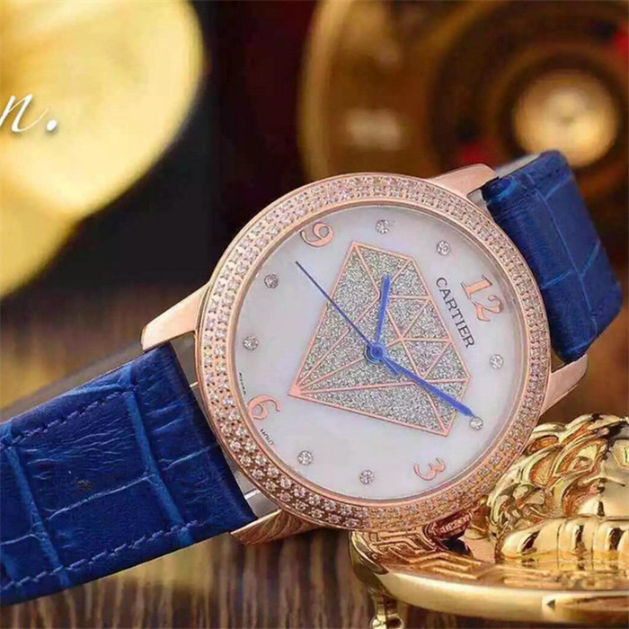 卡地亞Cartier腕錶瑞士石英機芯鋼化礦物質玻璃鏡面藍色錶帶36mmX10mm