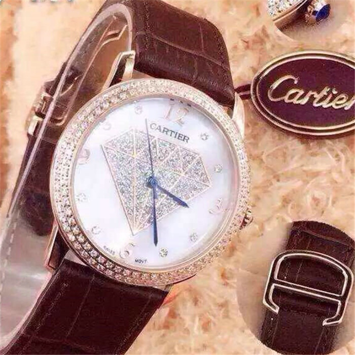 卡地亞Cartier腕錶瑞士石英機芯白色鑲鑽錶盤意大利進口小牛皮36mmX10mm