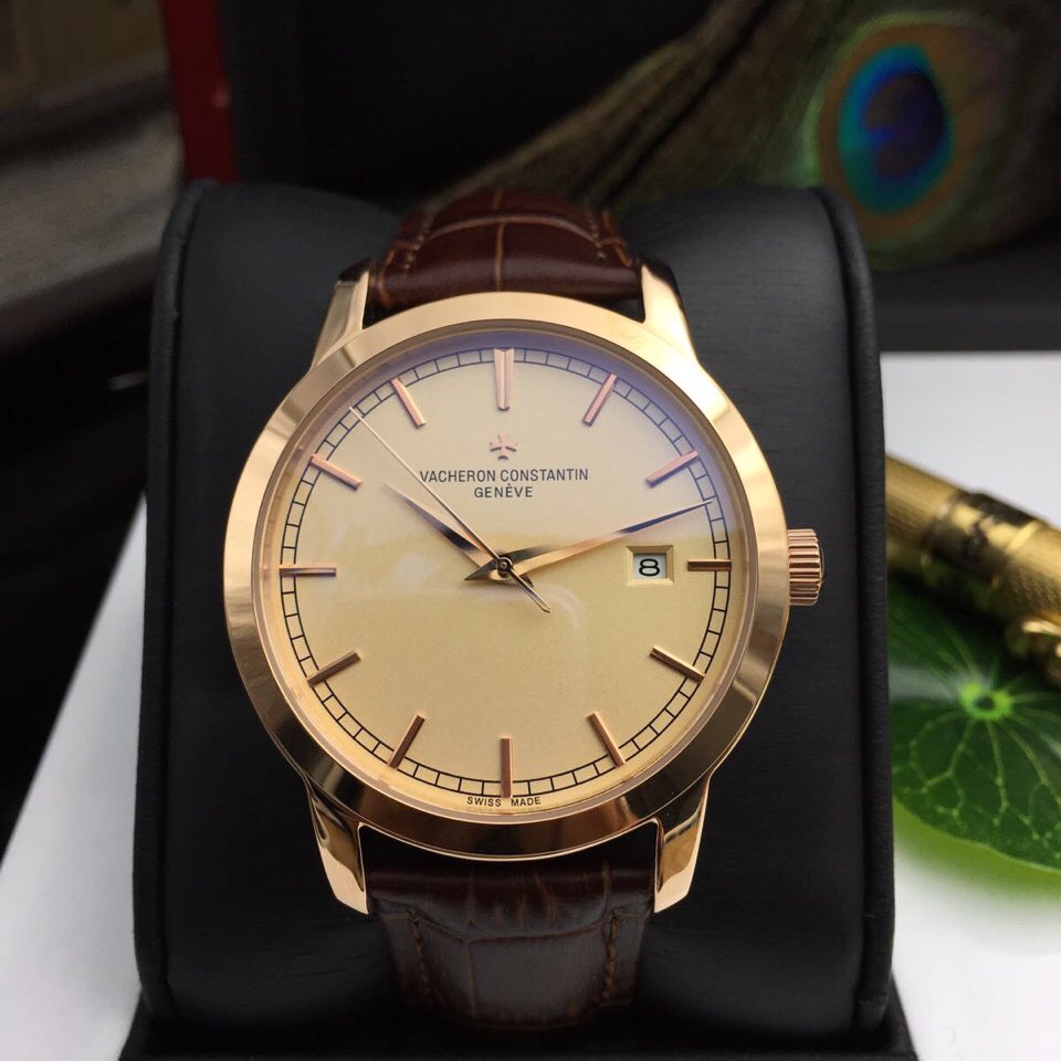 VACHERON CONSTANTIN 江詩丹頓 男士精品3針針機械腕錶 金色錶盤