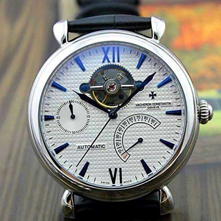 江詩丹頓藍色錶針，藍色條釘加羅馬刻度，全鋼錶殼，黑色皮手錶帶，江詩丹頓男士機械腕錶