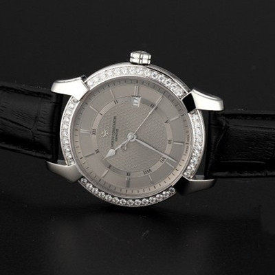江詩丹頓 傳承系列外精鋼鑲鉆黑色真皮錶帶休閑時尚男士灰色錶盤