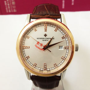 江詩丹頓玫瑰金白色錶盤鉆石刻度，真皮錶帶全自動機械機芯