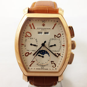 江詩丹頓手錶 萬年曆 月像方型 背透機械錶 玫瑰金白面 皮帶 男錶