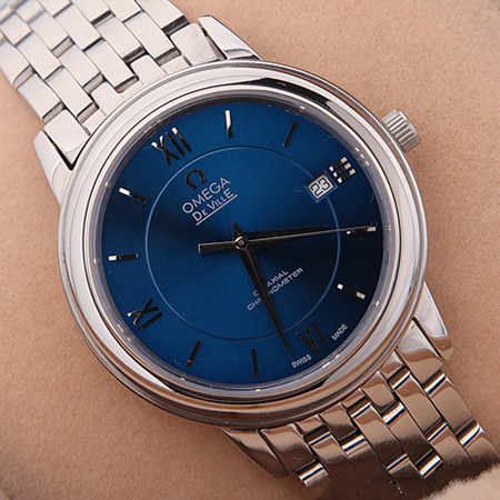 歐米茄Omega-碟飛系列 424.10.33.20.01 銀殼羅馬間條釘藍色錶面男機械腕錶