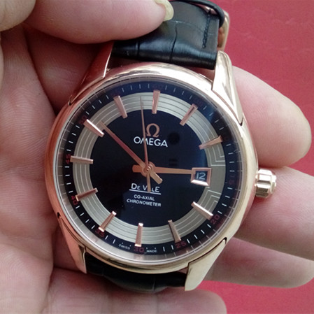 歐米茄 OMEGA 蝶飛系列 機械男錶 金間錶殼條丁黑面 真皮錶帶 ETA8500