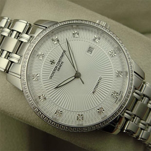 江詩丹頓傳承系列精鋼環鉆錶圈 白色字面 鑲鉆刻度 全自動背透機械男錶 ETA2824機芯