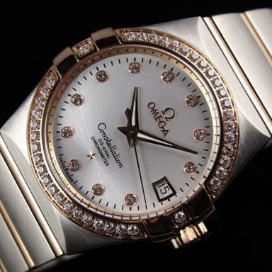 歐米茄星座系列環鉆錶圈 銀白色字面 鉆石刻度 三針日曆 背透機械男錶ETA8501機芯