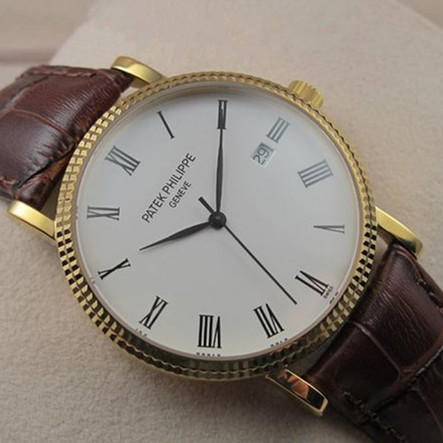 精仿百達翡麗 Calatrava系列自動機械男士手錶18K金羅馬刻度真皮錶帶 有白盤黑盤
