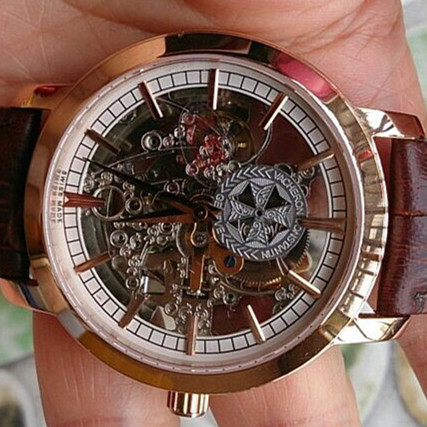 百達翡麗玫瑰金棕色錶帶經典鏤空進口機械男士腕錶