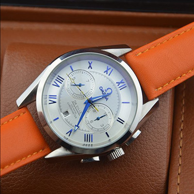 歐米茄新款上市真皮錶帶進口機芯雙錶盤單曆羅馬刻度男士機械腕錶
