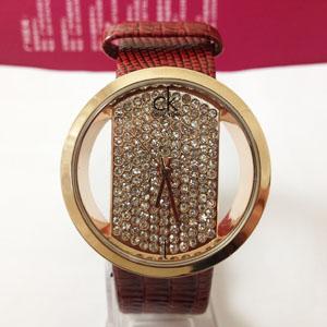 CK女士手錶鑲鑽錶盤，玫瑰金錶框，真皮錶帶LV089493