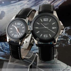 特價Longines浪琴手錶康卡斯皮帶黑陶瓷圈三針3針石英機械情侶對錶Longines017