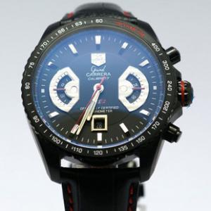 TAG豪雅CARRERA 黑色面皮帶 純鋼藍寶錶鏡時尚腕錶