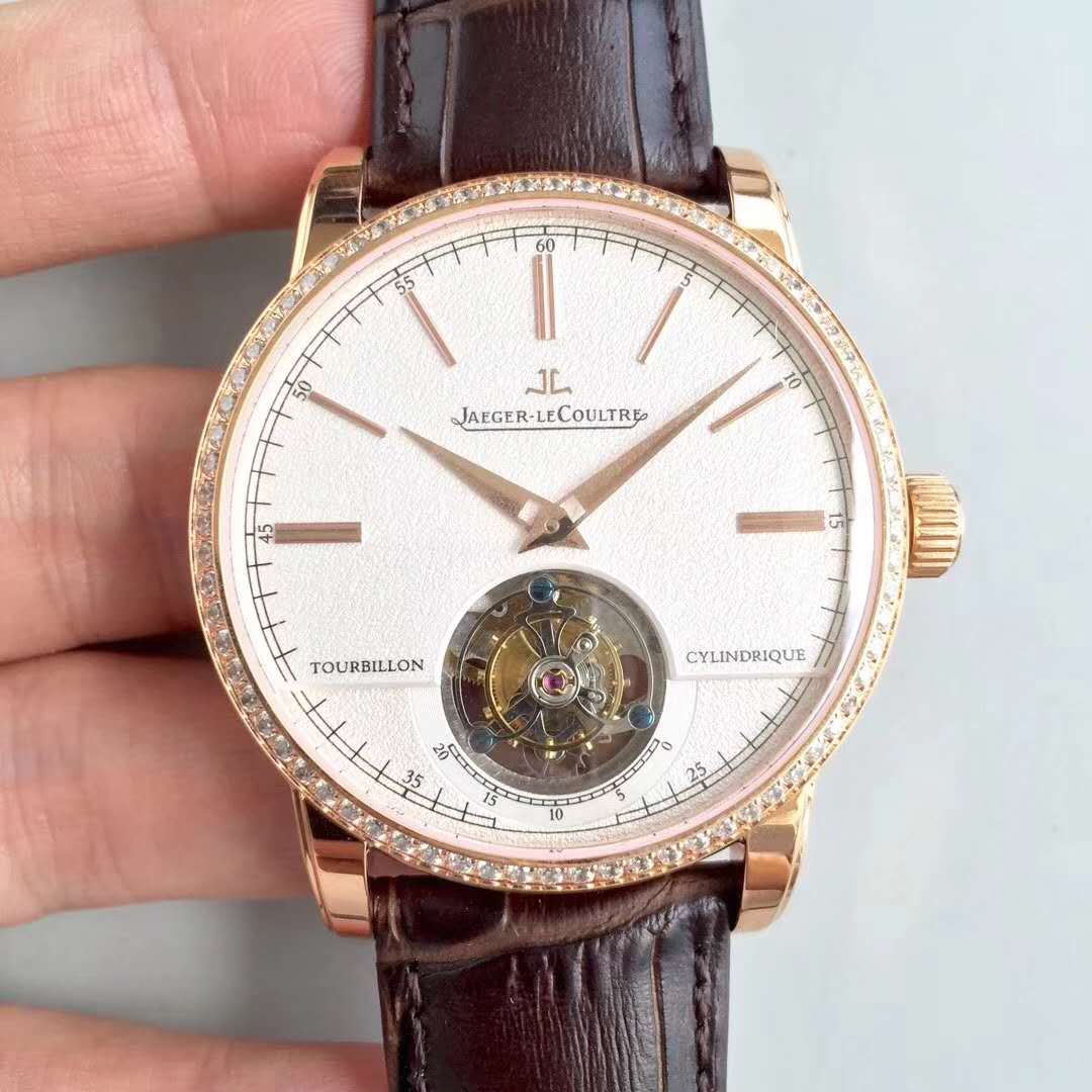 積家 Jaeger LeCoultre 超卓傳統圓柱遊絲陀飛輪大師系列腕錶  50864 搭載海鷗真陀飛輪自動機械，28800 bph 棕色真皮錶帶